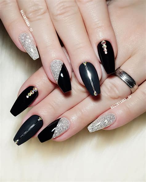 black and silver sparkly nails